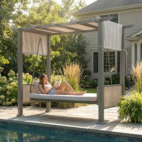 Pamapic 3-Seat Porch Swing with Stand, 990 LBS 2 in 1 Convertible Bed Patio Swings with Canopy Adjustable, Wicker Side Panel Swing Chair Outdoor with Cushion for Backyard, Porch, Garden (Gray)