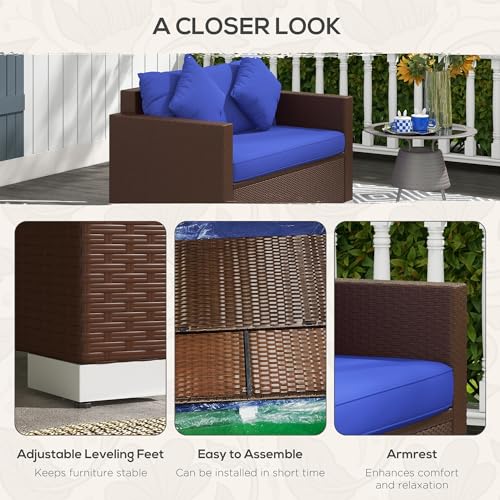 Outsunny Patio Wicker Loveseat with Cushions, 2-Seat Outdoor PE Rattan Couch Sofa with Throw Pillows, for Porch, Backyard, Garden, Poolside, Blue