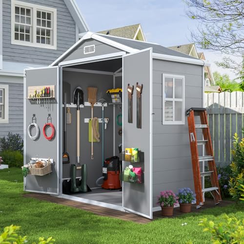 Aoxun 6x4 FT Outdoor Storage Shed, Plastic Garden Resin Shed with Floor and Window for Patio, Lawn, Outdoor Storage with Lockable Door for Bike, Tools, Garbage Can, Grey