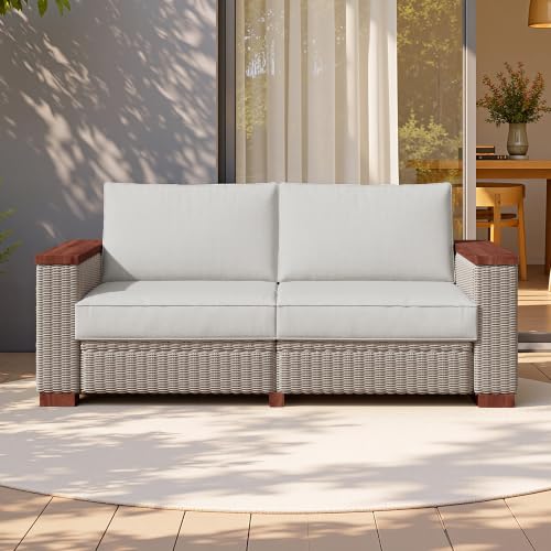 PaPaJet Outdoor Loveseat Patio Sofa, Wicker Couch with Solid Armrests & Legs, 4.7" Thick Cushion, UV-Resistant Modular Sofa for Porch, Backyard, Garden