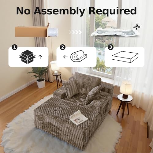 CHORRO 66" Chaise Lounge Chair Indoor,Oversized Boneless Single Sleeeper Couch Bed,Corduroy Cloud Sofa with 3 Soft Pillows for Livingroom,Bedroom,No Assembly,(Khaki)