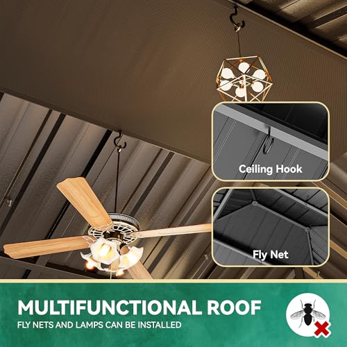 YITAHOME 9x11FT Hardtop Gazebo Double Roof Canopy w/Netting and Curtains, Outdoor Gazebo Permanent Galvanized Iron Steel Gazebo for Patio, Backyard, Deck and Lawns, Brown