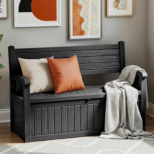 GYMHILL 80 Gallon Outdoor Storage Bench Spacious Storage Box Waterproof Resin Deck Box Lockable for Patio, Garden, Living Room & Outdoor Spaces（Black）