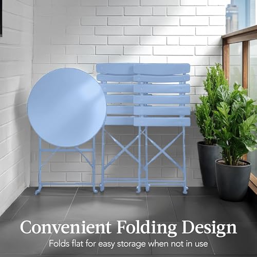 Best Choice Products 3-Piece Bistro Set, Space Saving Folding Design, Solid Steel, Outdoor Patio Furniture Set w/ 2 Chairs, Bistro Table - Light Blue
