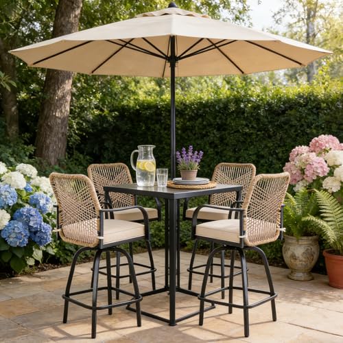 GOOGIC Outdoor Bar Stools Set of 4, 360° Swivel Metal Frame, Wicker Patio Bar Height Stools with Cushion, All-Weather Rattan Chair Design for Patio Backyard, Lawn Garden, Balcony, Poolside