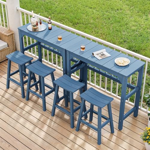 LAHAAP Weatherproof Bar Stools Set of 4, 28" Height Outdoor Bar Stools Holds up to 400 lbs, Saddle Seat, Bar Height Stools for Patio, Garden, and Kitchen Island, Blue