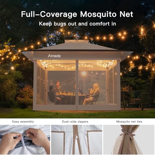 Amada 13x13 Pop Up Outdoor Gazebos on Clearance for Backyard & Patio Furniture with Wheeled STO-N-Go Cover Bag, Carpa Pop Up Tent with Shelter Mosquito for Patio, Lawn, Garden(13×13ft, Khaki)
