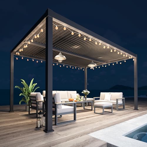 FansaFurn Louvered Pergola 12'x16', Full Aluminum Outdoor Pergola with Adjustable Rainproof and Gutter System, Hardtop Gazebo for Patio, Deck, Garden, Yard, Black