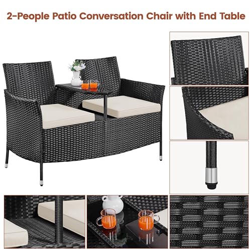 Yaheetech Patio Loveseat, Outdoor Wicker Double Chair w/Side Table, PE Rattan Furniture Set for Two People, Love Seat w/2 Removable Cushions & 1 Tempered Glass Side Table, Black/Beige