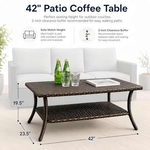 HUMMUH 42-inch 2-Tier Outdoor Patio Coffee Table, Brown PE Rattan Center Table with Powder-Coated Metal Frame for Garden, Backyard, Porch Storage