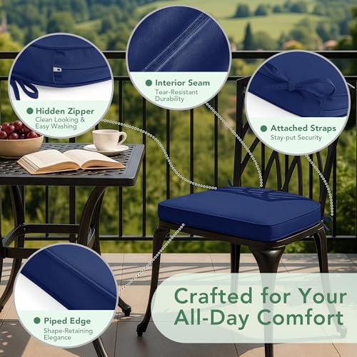 Summsun Outdoor Chair Cushions Set of 4: Waterproof Patio Furniture Cushions - 17 x 16 Inch Non Slip Round Corner Seat Cushion Pads with Removable Cover for Garden Yard Lawn, Navy Blue