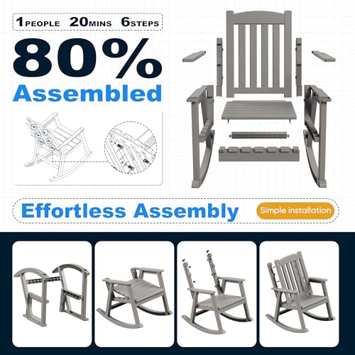 Devoko PP Material Rocking Chair Outdoor Indoor All Weather High Back Patio Rocker for Adult Heavy Duty Rocking Chair for Patio Backyard Porch Garden (Heavy Duty, Light Brown)