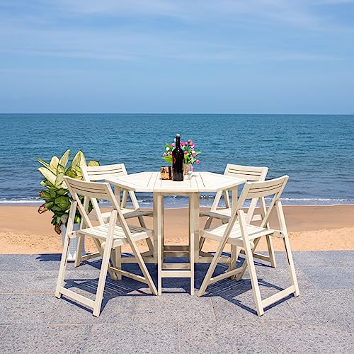 SAFAVIEH Outdoor Patio Furniture Collection Kerman White Washed Acacia Wood 5-Piece Foldable Patio Dining Set with Folding Table and 4 Director Chairs (PAT7000A)