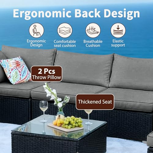 ZJEYEJZ 7 Pieces Black Patio Furniture Set - All-Weather Outdoor Sectional Wicker Conversation Sofa, Rattan Patio Seating Sofa Set with Grey Cushions and Glass Table for Porch Poolside, Spring 2026