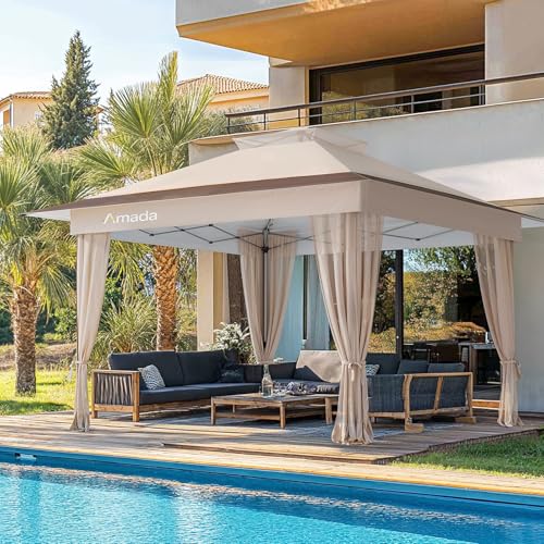 Amada 13x13 Pop Up Outdoor Gazebos on Clearance for Backyard & Patio Furniture with Wheeled STO-N-Go Cover Bag, Carpa Pop Up Tent with Shelter Mosquito for Patio, Lawn, Garden(13×13ft, Khaki)