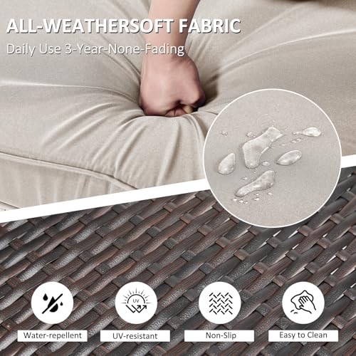 ANJ 3 Piece Outdoor Wicker Patio Furniture Set, Modular Loveseat Sofa with with Glass Top Coffee Table, All-Weather Rattan Conversation Couch Set for Balcony, Backyard, Dark Brown Wicker-Grey