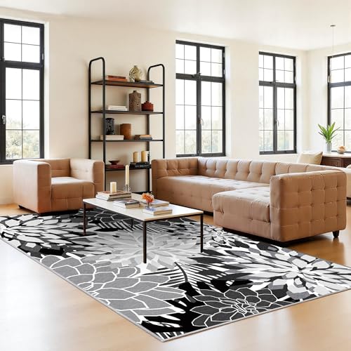 ZonLi Outdoor Rug 9x12Ft Waterproof Multicolored Black White Indoor Area Rug Washable Outdoor Patio Rugs Tropical Floral Non Slip Outdoor Carpet for Living Room, Pool,Backyard,Deck,Camping.