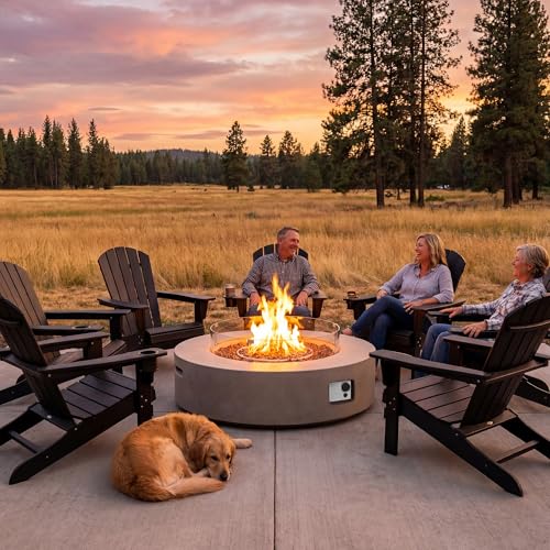 COSIEST 2-Piece Outdoor Propane Firepit Table Set w Tank Table, 42" Fire Table Certified, 50,000 BTU w Gray Round Base,Wind Guard and 16 inches Tank Side Table 20lb for Garden,Pool