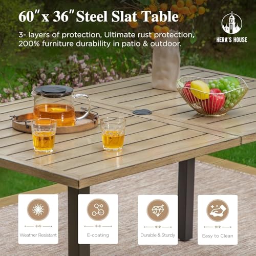 HERA'S HOUSE Patio Table and Chairs for 6, 7 Pieces Outdoor Deck Dining Sets, Wood-Like Rectangular Metal Table Set with Chairs for Lawn Garden Backyard, Brown