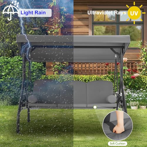 HOMREST 3 Seat Outdoor Porch Swing with 1.5" Deep Cup Holder, Adjustable Canopy,Patio Swing Bed with Stand, Patio Glider Swing with Thicken Cushions, Pillow(Grey)