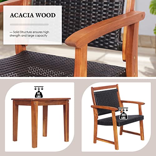 Tangkula 3-Piece Patio Acacia Wood Bistro Set, Patiojoy Outdoor Furniture Set with 2 Chairs & Side Table, Weather Resistant Rattan Garden Conversation Chair Set for Pool Side, Deck, Balcony