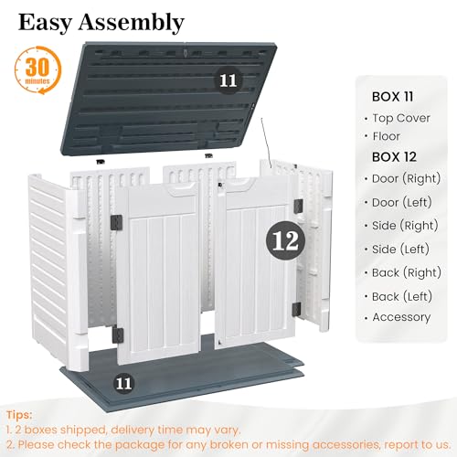 UDPATl0 35 Cu.Ft Horizontal Outdoor Storage Shed, Resin Outdoor Cabinet Waterproof & Lockable for Generator, Garbage Can Garden Tools, White, White & Grey Trim