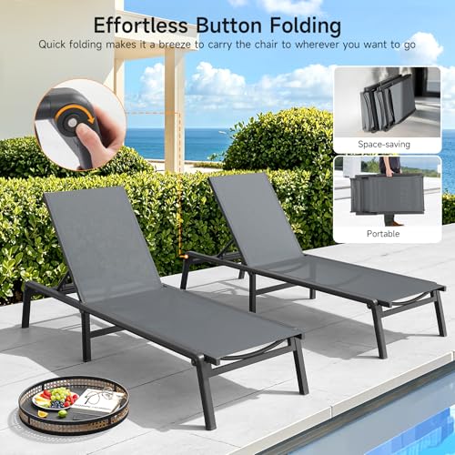 ONBRILL Aluminum Chaise Lounge Chair Outdoor, Foldable & Assembly Free Outdoor Lounge Chair with 5 Position Adjustable Backrest, Patio Pool Lounge Chairs for Outside Poolside Beach Lawn, 1PC, Grey