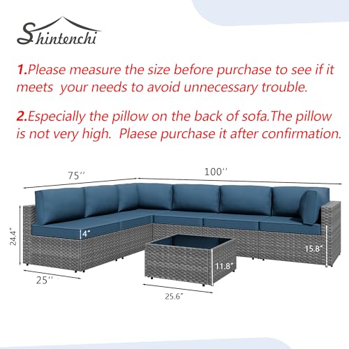 7 Piece Outdoor Patio Furniture Set,Silver PE Rattan Wicker Sectional Sofa, All Weather Conversation Set with Washable Cushions & Glass Coffee Table for Backyard Poolside Garden Porch,Navy Blue