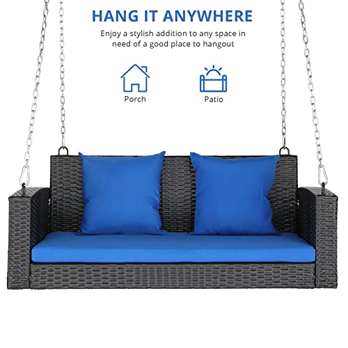 GODECOR 4FT Wicker Porch Swing for 2 Person, 800lb Capacity Outdoor Hanging Bench with Removable Cushions, Handwoven Weather-Resistant PE Rattan for Patio, Garden & Backyard