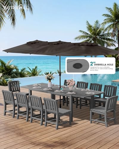 SERWALL 10-Piece Patio Dining Sets with 15FT Patio Umbrella, 60" - 83" Expandable Outdoor Dining Table and 8 HDPE Chairs, All Weather HDPE Outdoor Furniture Set, Grey (Umbreall Base not Included)