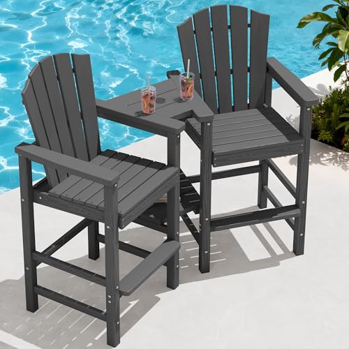 KINGYES Tall Adirondack Chair Set of 2, All-Weather HDPE Outdoor Adirondack Barstools with Removable Double Connecting Trays, High Airondack Chair with Wood Grain, Embossed Balcony Chair, Gray