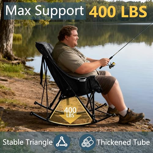 RED CREAT 400lbs Rocking Camping Chair, Oversized Heavy Duty XL Folding Rocker for Adults, Padded High Back Big & Tall Support, with Cup Holders & Carry Bag for RV, Lawn, Patio & Sports