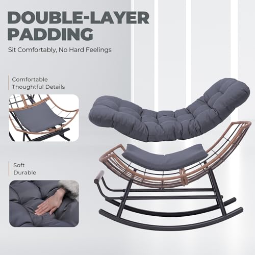 COMHOMA Outdoor Rocking Papasan Chair, Oversized Wicker Patio Rocker, Indoor Comfy Wicker Reading Lounge, Bed-Like Comfort Egg Chair for Bedroom,Balcony, Porch, Garden, Grey