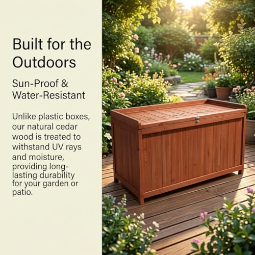 ZEUKMXOO 75 Gallon Wood Deck Box,Outdoor Storage Bench Container for Patio Furniture Cushions, Pillows, Garden Tools,Pool Accessories (Wood)