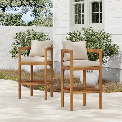 Christopher Knight Home Kuart Acacia Wood Outdoor Bar Stool Set of 2 with Cushion, Patio Armchair Set for Bar Table, Wooden Counter Height Patio Bar Stool with Footrest, Teak+Beige