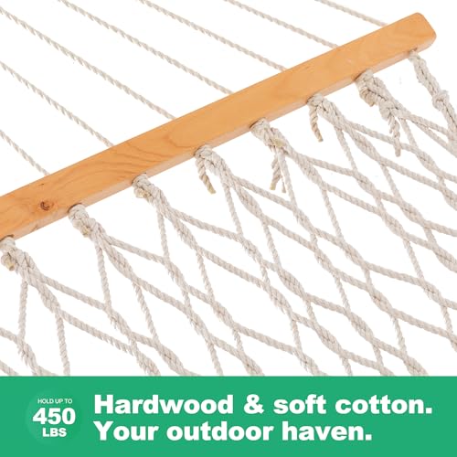 GAFETE Double Hammocks for Outside, Handwoven Traditional Cotton Rope 2 Person Hammock with Hardwood Spreader Bar, Chains & Hooks for Indoor Outdoor, Max 450 lbs Capacity (Natural Beige, Medium)
