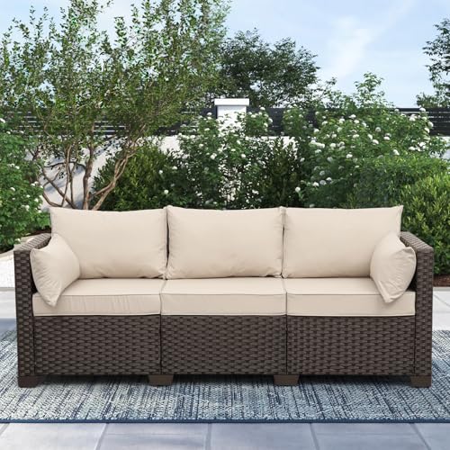 Rattan Star Outdoor Furniture Couch 3 Seater Sofa Outdoor Brown Wicker Sofa Deep Seat High Backrest Patio Couch with Non-Slip Cushions Waterproof Cover, Khaki