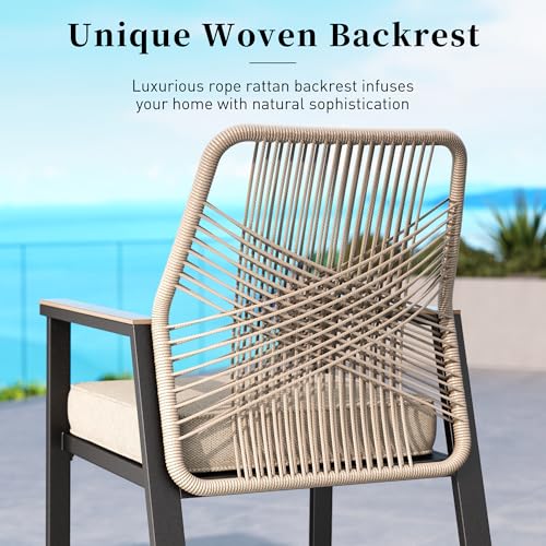 SUNSHINE VALLEY Outdoor Bar Stools Set of 4, Rattan High Top Patio Chairs with Waterproof Cushion and Armrest, All-Weather Bar Height Furniture for Outside Patio Balcony and Pool, Beige