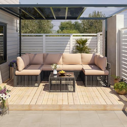 Pamapic 7-Piece Outdoor Sectional Set, Large Wicker Patio Furniture Set with Coffee Table and Washable Cushions Covers, All-Weather Patio Sofa Conversation Set for Backyard, Poolside, Garden