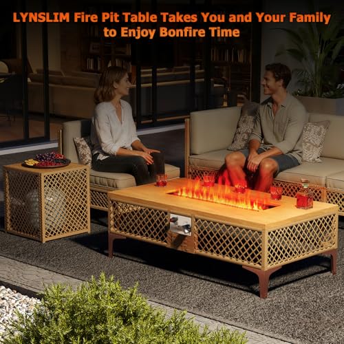 LYNSLIM Outdoor Fire Pit Table with Tank Table, CSA Certifed 60,000 BTU Stainless Steel Burner, Rattan Rectangular Propane Patio Firepit Table for Outside with Exterior, Porch, Backyard or Garden