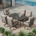 EROMMY 7-Piece Outdoor Patio Dining Set, 6 Wicker Swivel Rocking Chairs with 4" Cushions, Rectangular Table with Adjustable Umbrella Hole for Backyard, Deck, Black