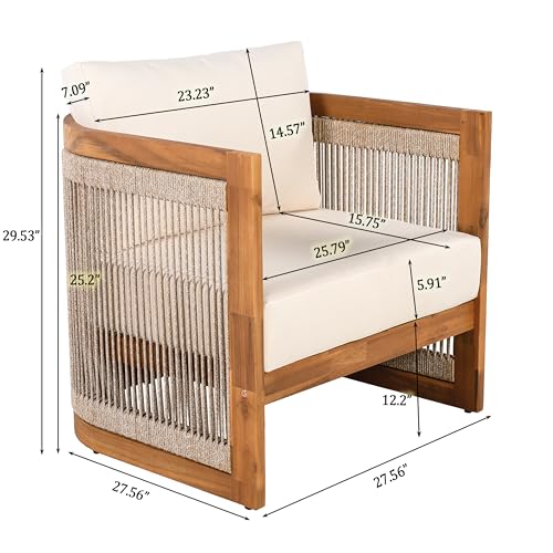 Christopher Knight Home Dora Set of 2 Patio Club Chair with Cushions, Acacia Wood Lounge Chair Outdoor, Woven Accents, Curved Design Side Chair for Balcony Backyard Garden Poolside, Beige + Teak