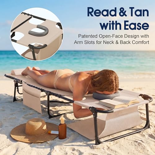 Flamaker Oversize Face Down Chaise Lounge Chair, 27 Inch Wide Foldable Outdoor Patio Chair, 5-Position Adjustable Tanning Chair with Face& Arm Holes for Sunbathing, Pool, Beach, Lawn (Beige, 1 Pcs)