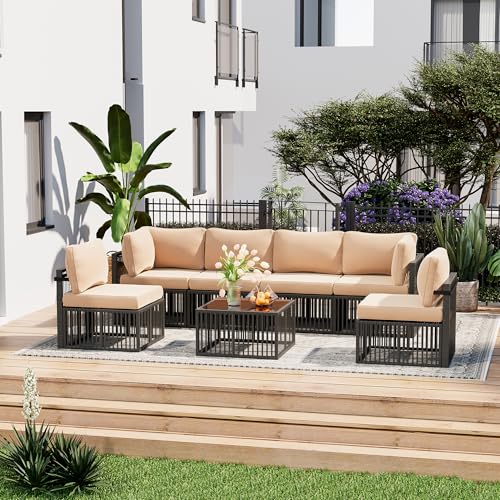 Pamapic 7-Piece Outdoor Sectional Set, Large Wicker Patio Furniture Set with Coffee Table and Washable Cushions Covers, All-Weather Patio Sofa Conversation Set for Backyard, Poolside, Garden