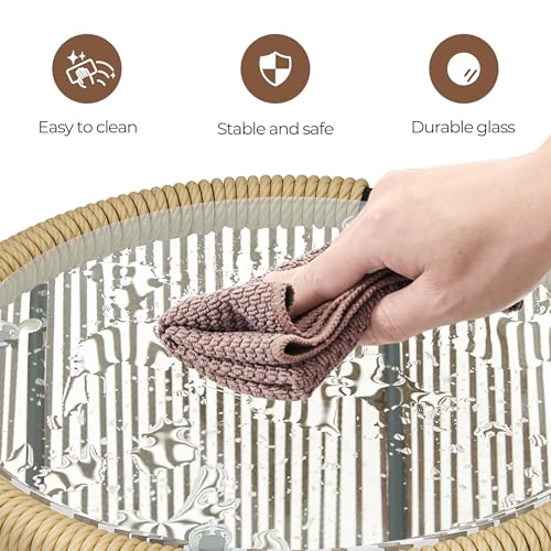 Yaheetech 3 Piece Patio Rattan Bistro Set, Outdoor All Weather PE Wicker Conversation Furniture Set with 2 Chairs & Tempered Glass Top Table & Cushions, for Poolside/Porch/Garden/Yard, Tan/Cream
