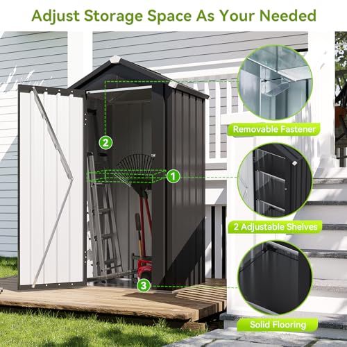 Aoxun Vertical Metal Tool Cabinet 2.5x2FT, 21 Cu.Ft Weatherproof Outdoor Storage Shed with Floor & Adjustable Shelves, Space-Saving Design for Garden, Garage, Patio