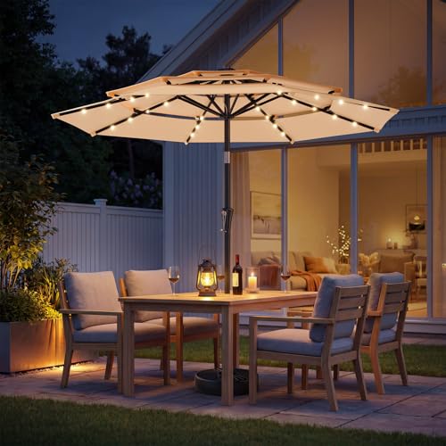 HOMSHADE 9FT 3-Tier Solar Patio Umbrella Heavy Duty, Vented Market Table Umbrella Windproof with 32 LED Lights, UPF50+, 5-Year Fade Resistant, 8 Thicker Ribs for Pool, Lawn, Garden, Deck (Beige,No Base)
