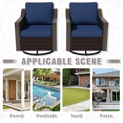 Qsoer Outdoor Wicker Swivel Chair Set of 2, All-Weather Use Patio Rattan Chair with Removable Water-Resistant Cushion, Ideal for Porch, Backyard, Balcony, Poolside, Blue