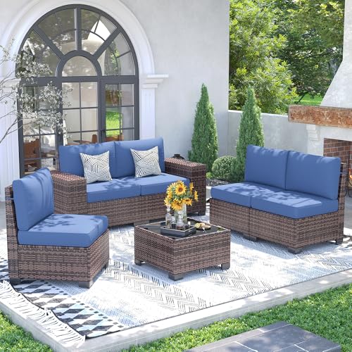 UDPATIO Patio Furniture Set, 8 Inch Armrest Outdoor Sectional Sofa with Wicker Coffee Table, 6 Piece Conversation for Garden, Backyard, Navy Blue