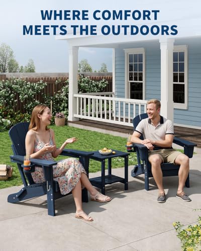 GarveeLife Folding Adirondack Chair Set of 2 with Side Table, All-Weather HDPE Outdoor Chair, Wooden Textured with Cup Holder for patios, Decks, Gardens, fire pits, Navy Blue